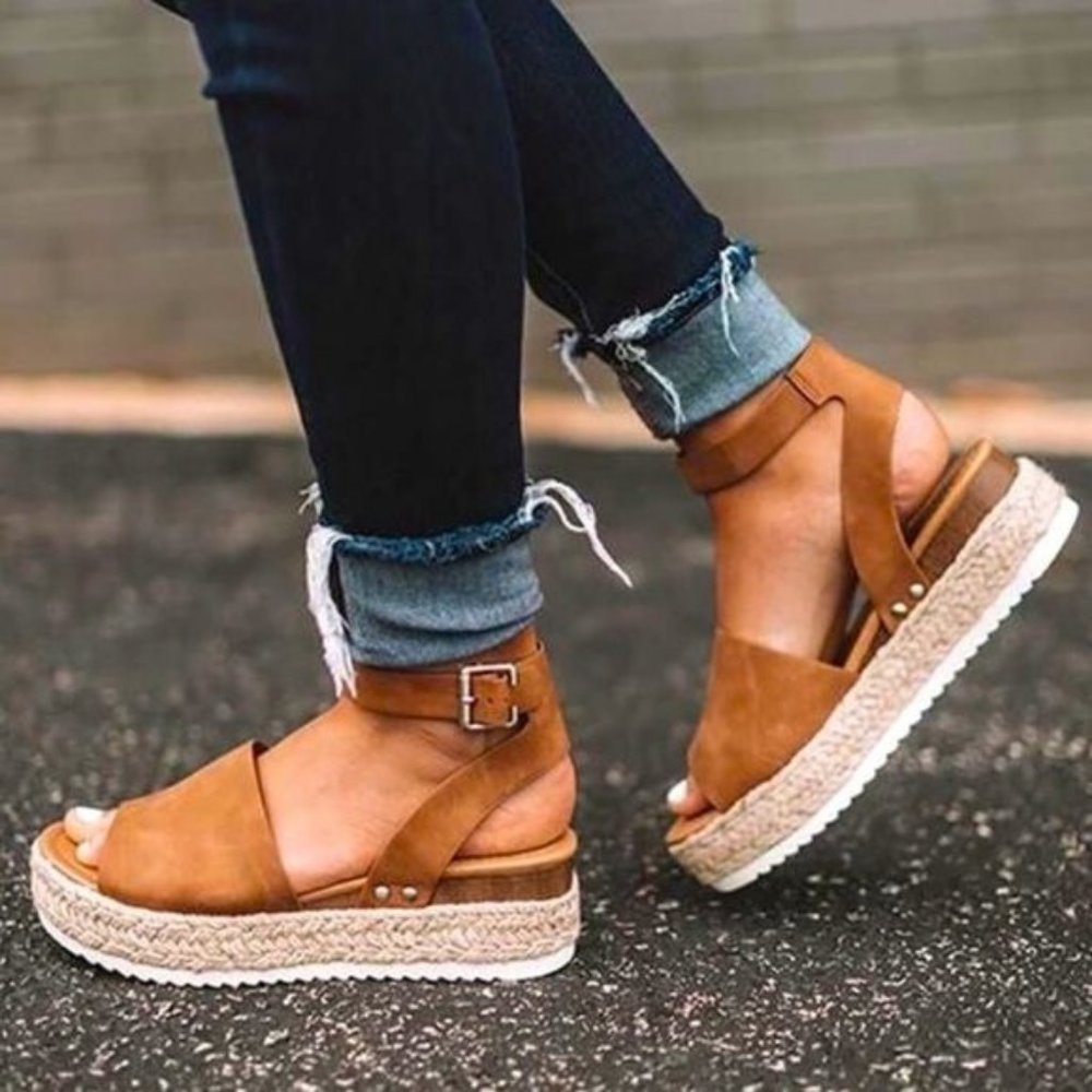 Tan Platform Espadrille Shoes with Ankle Strap